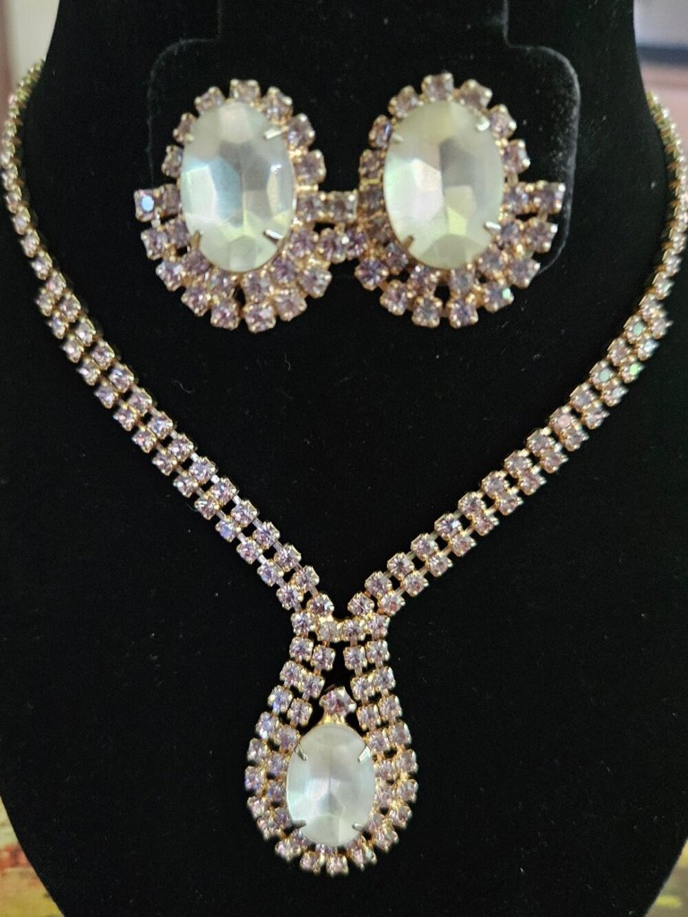 Vintage Rhinestone and Moonglow Stone Necklace & Earring Set